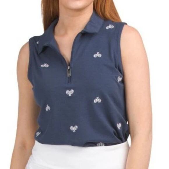 Sigrid Olsen Tops - Sigrid Olsen Womens Sleeveless Quarter Zip Collared Embroidered Top Size XL Navy